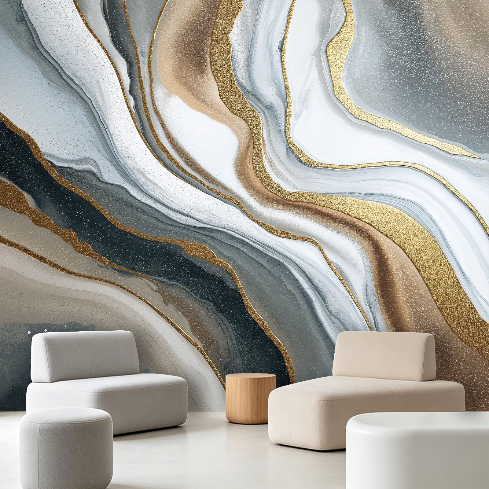 Carta da parati panoramica in tessuto non tessuto astratto, moderna, 350 x 256 cm, decorazione per soggiorno e camera da letto, effetto 3D, effetto marmo, sabbie pieghevoli, ondulate sfumate