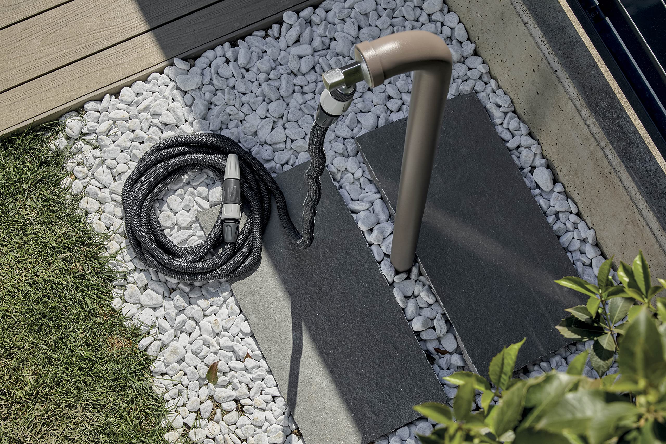 G.F. SRL, Aquapop Grey Easy 30, 30 Meter selbstverlängernder Gewebeschlauch, Made IN Italy, mit Mini-Gartenspritze und Anschlüsse zur Bewässerung von Gärten, dunkelgrau
