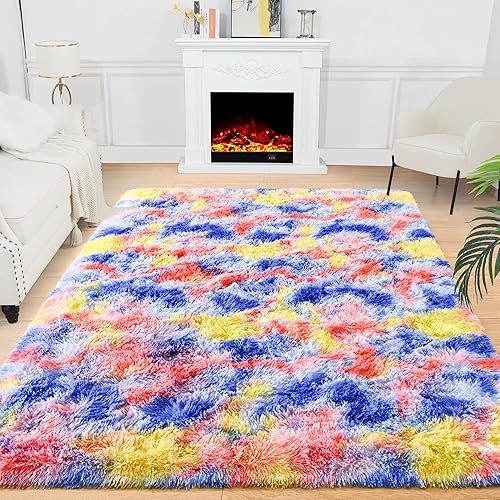 Miniatura 12 de Noahas Alfombras Esponjosas de Arcoíris para Dormitorio de Niñas, 2x4 Alfombra Peluda Rosa para Cuarto de Niños, Alfombras de Área Peludas para Sala