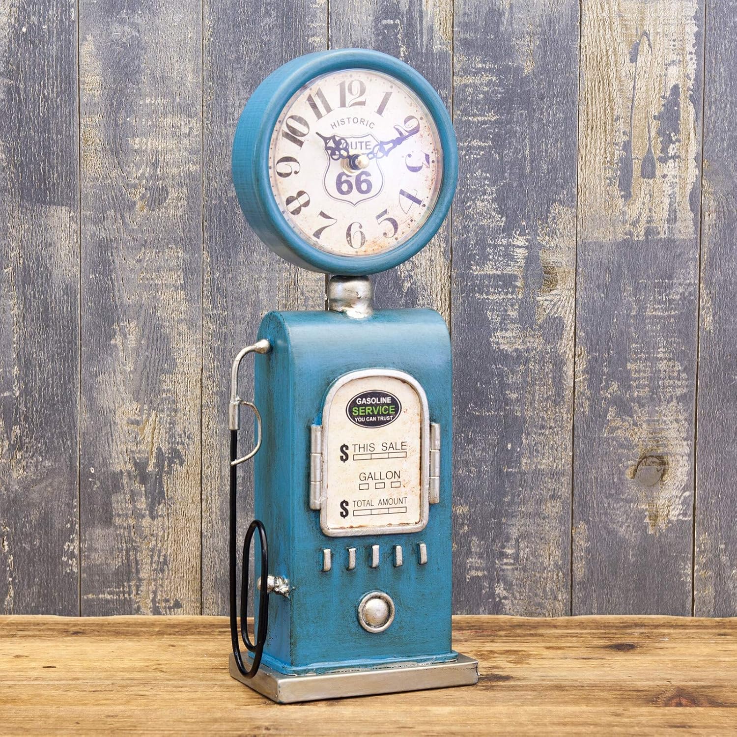 Akizuki Boeki Blue GS Service Table Clock, W 5.4 x D 3.0 x H 13.8 inches (13.7 x 7.5 x 35 cm), Table Clock, Gas Pump, EA180149GAK-BL