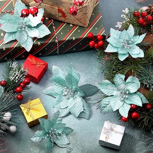 Miniatura 107 de 36 piezas de 3 tamaños de flores artificiales de Navidad con purpurina de Navidad para decoración de árbol de Navidad, Año Nuevo, decoración