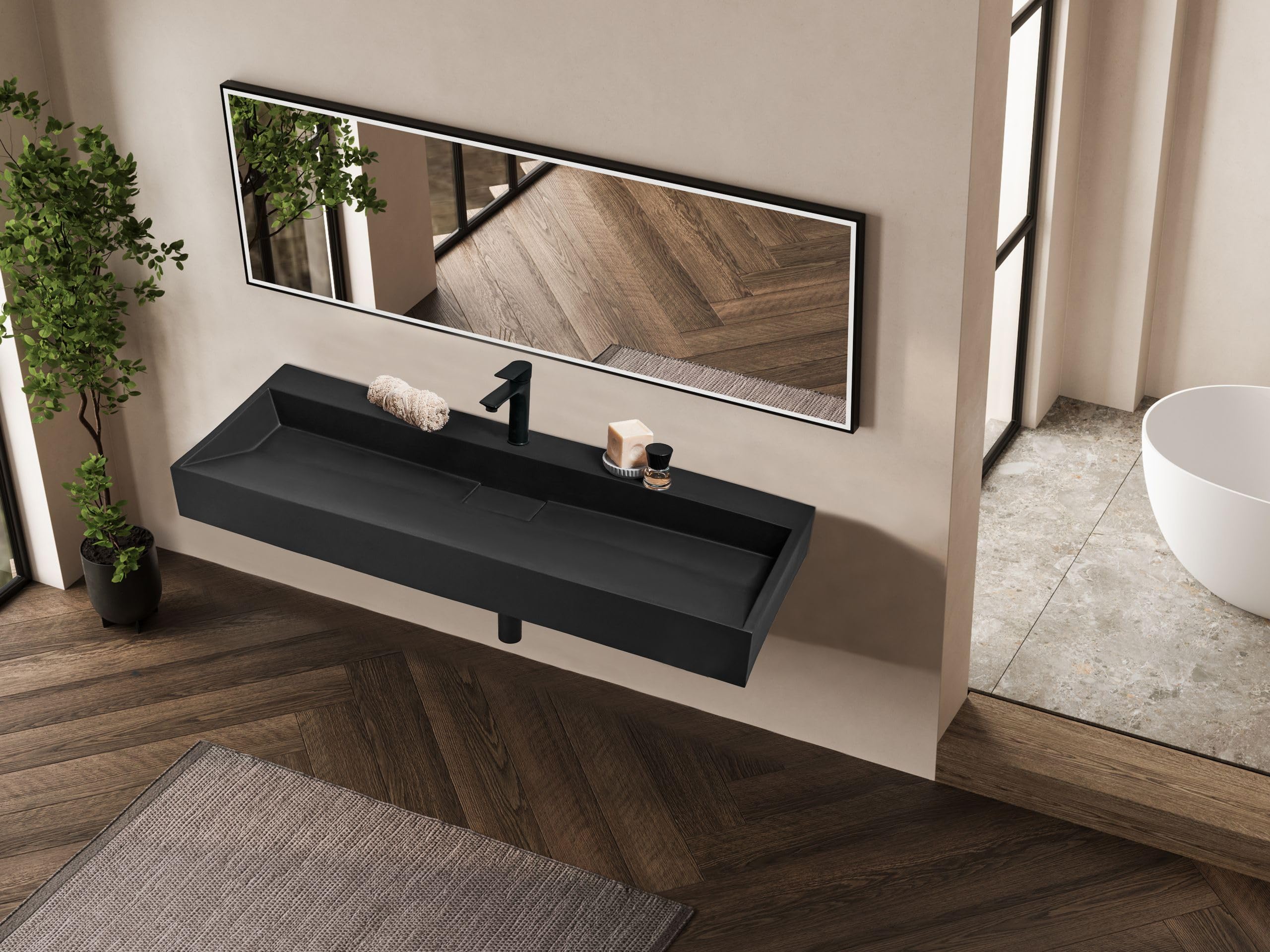 Lavabo suspendido de pared clásico rectangular fundición mineral acabado mate 120 x 46 cm negro Quenko