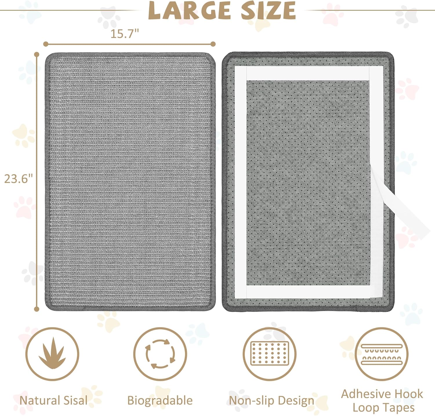 Graciadeco Gray Cat Scratching Mat Sisal, 2 Packs Sisal Fabric Large Cat Scratching Pad for Indoor Cats with Adhesive Hook Loop Tape, Wall Scratchers for Indoor Cats 23.6" x 15.7"
