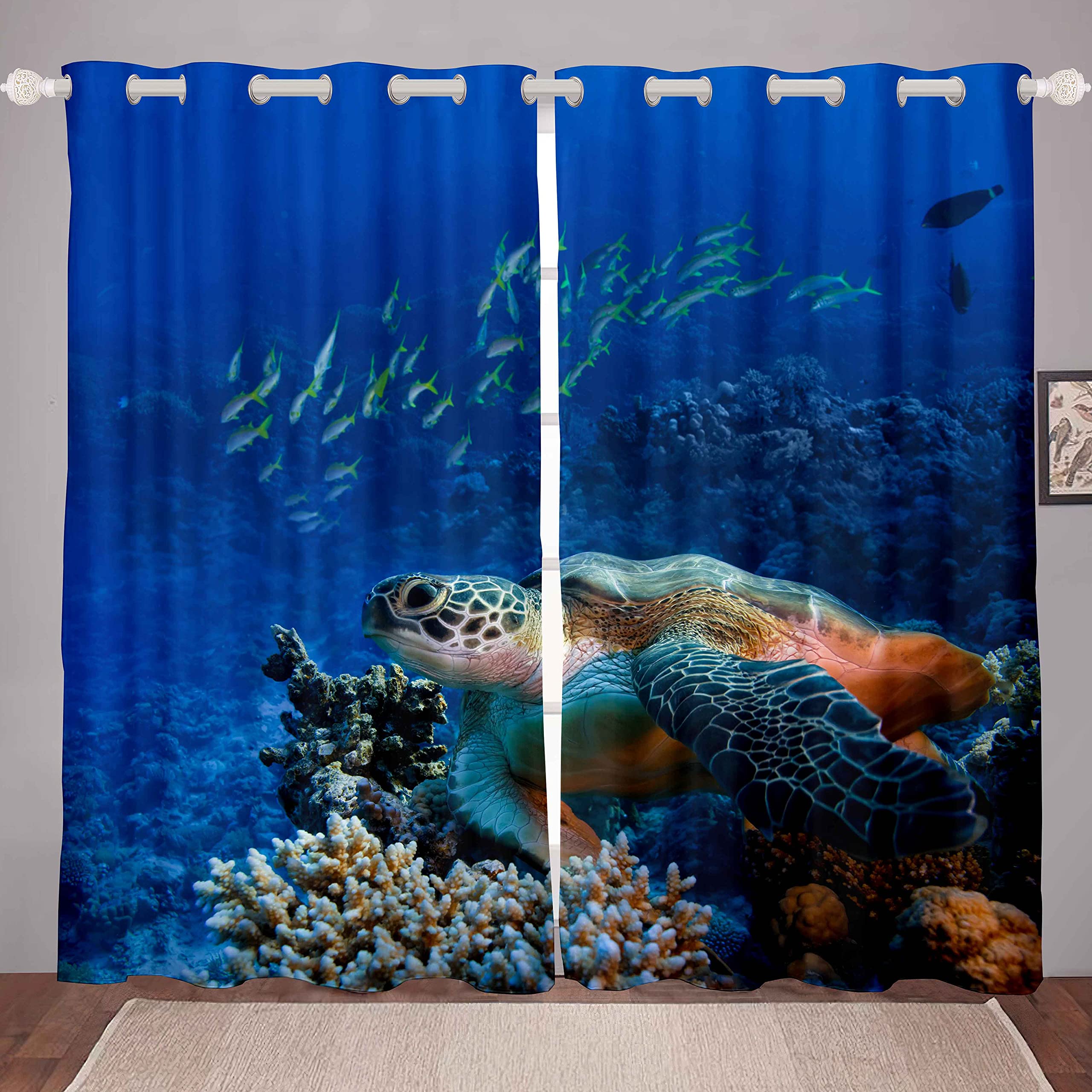 Loussiesd Sea Turtle Drapes for Kids Boys Girls Teens Tortoise Reptile Ocean Marine Underwater Animal Window Curtains Blue Breathable Window Curtains W46*L54