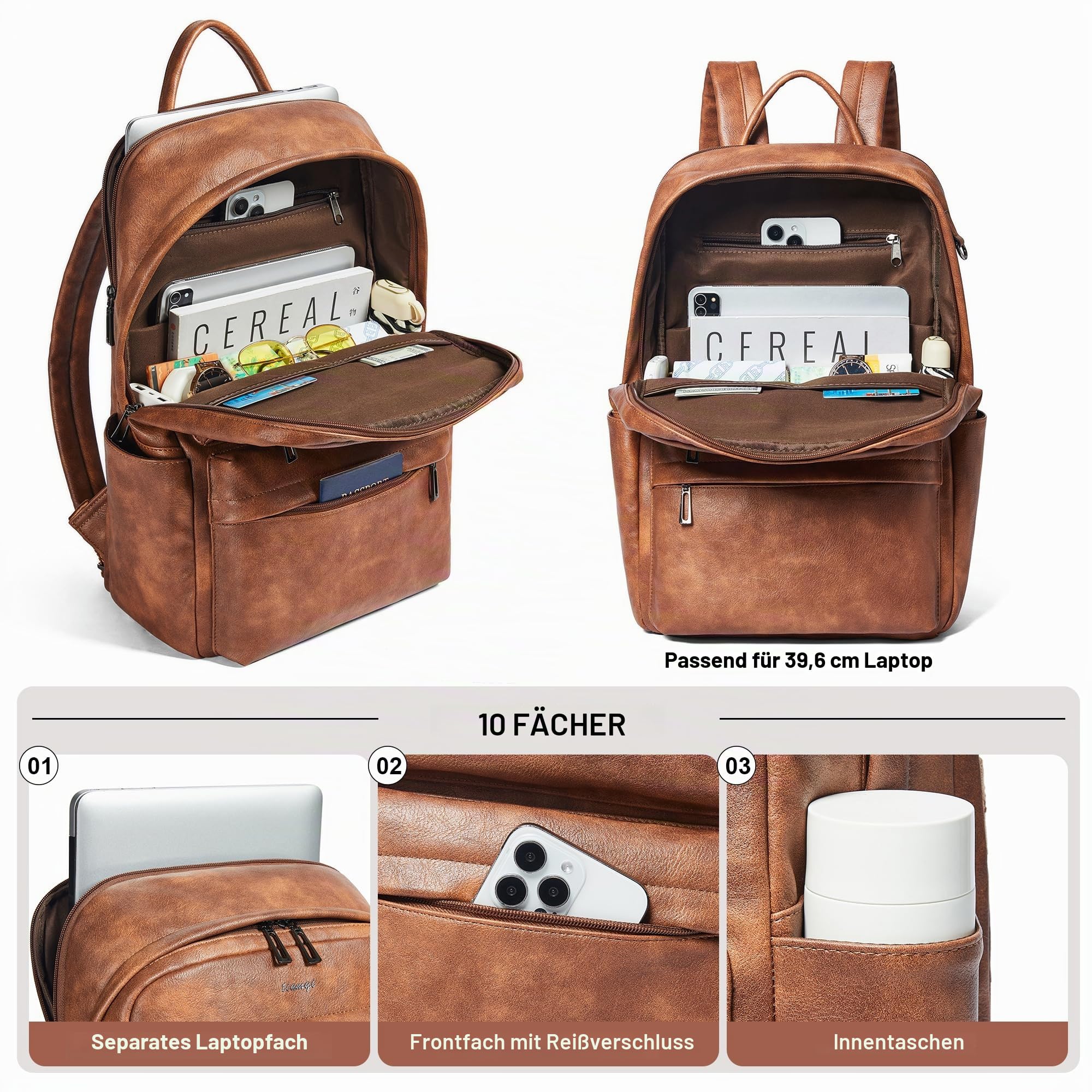 Veganer Lederrucksack für Damen und Herren, geeignet für 16,0 Zoll Laptop, mit vielen Fächern, Flaschenhalter und Koffergurt, Ideal für Arbeit, Reise und Alltag, Braun Laptop Rucksack
