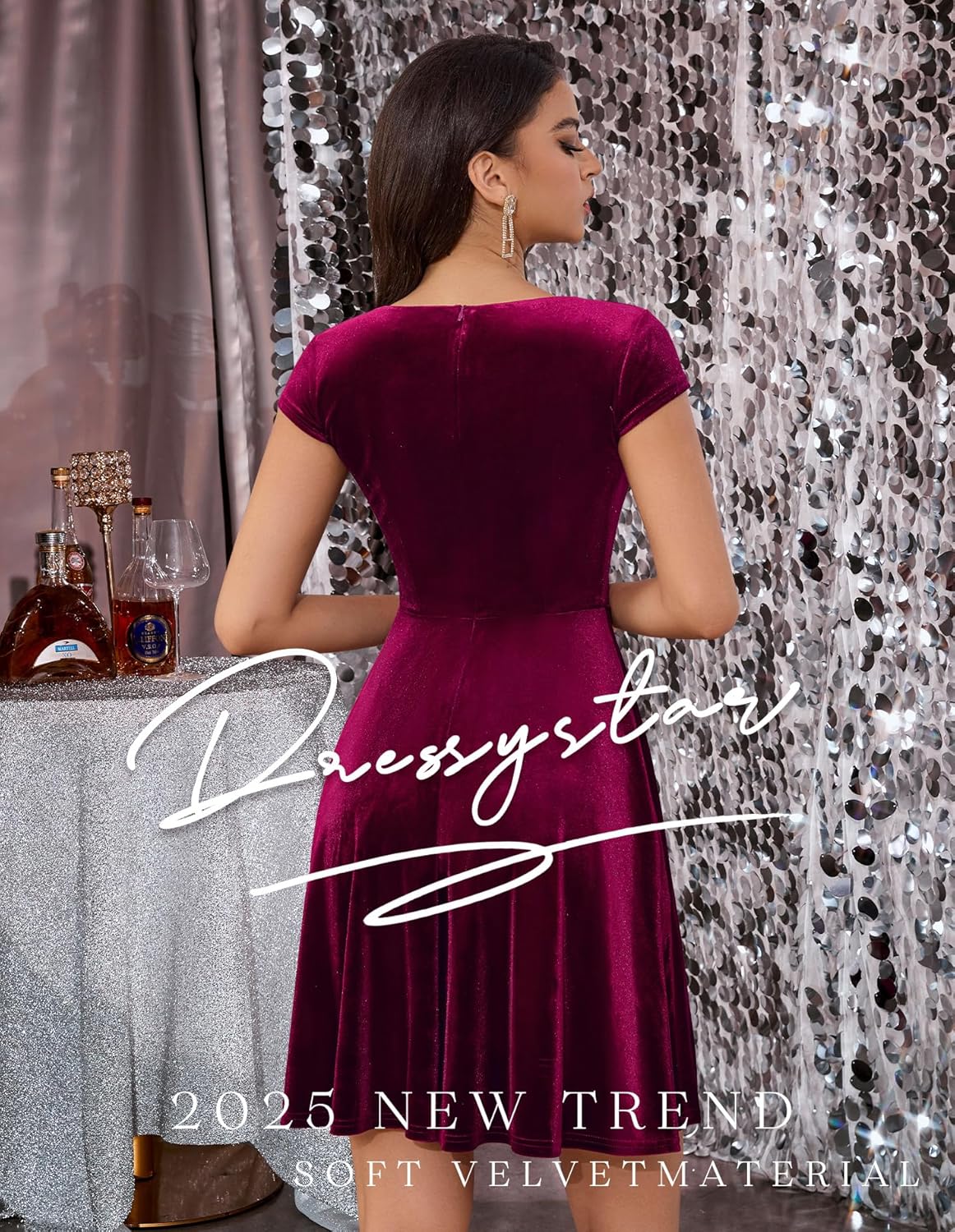 Dressystar Women's Velvet Cocktail Party Formal Dress Cap Sleeve A Line Fall Winter Vintage Rockabilly Dresses Prom Gown - Image 3