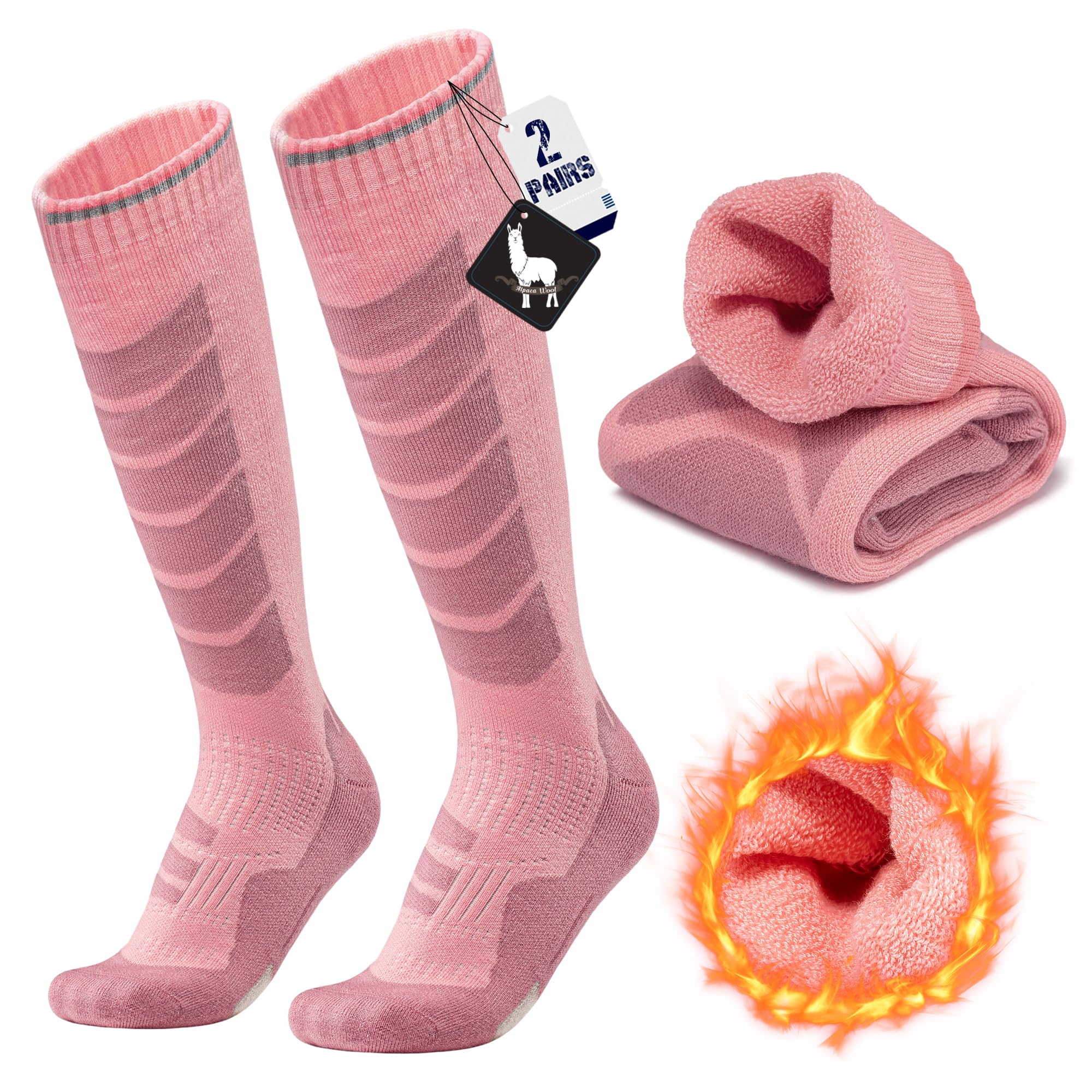 2 Paia Calze Sci in Lana Alpaca Per Uomo e Donna, Calzini Invernali Caldi a Compressione fino al Ginocchio per Sci, Snowboard e Sport Invernali, Escursionismo e Passeggiate, Taglia 35-51
