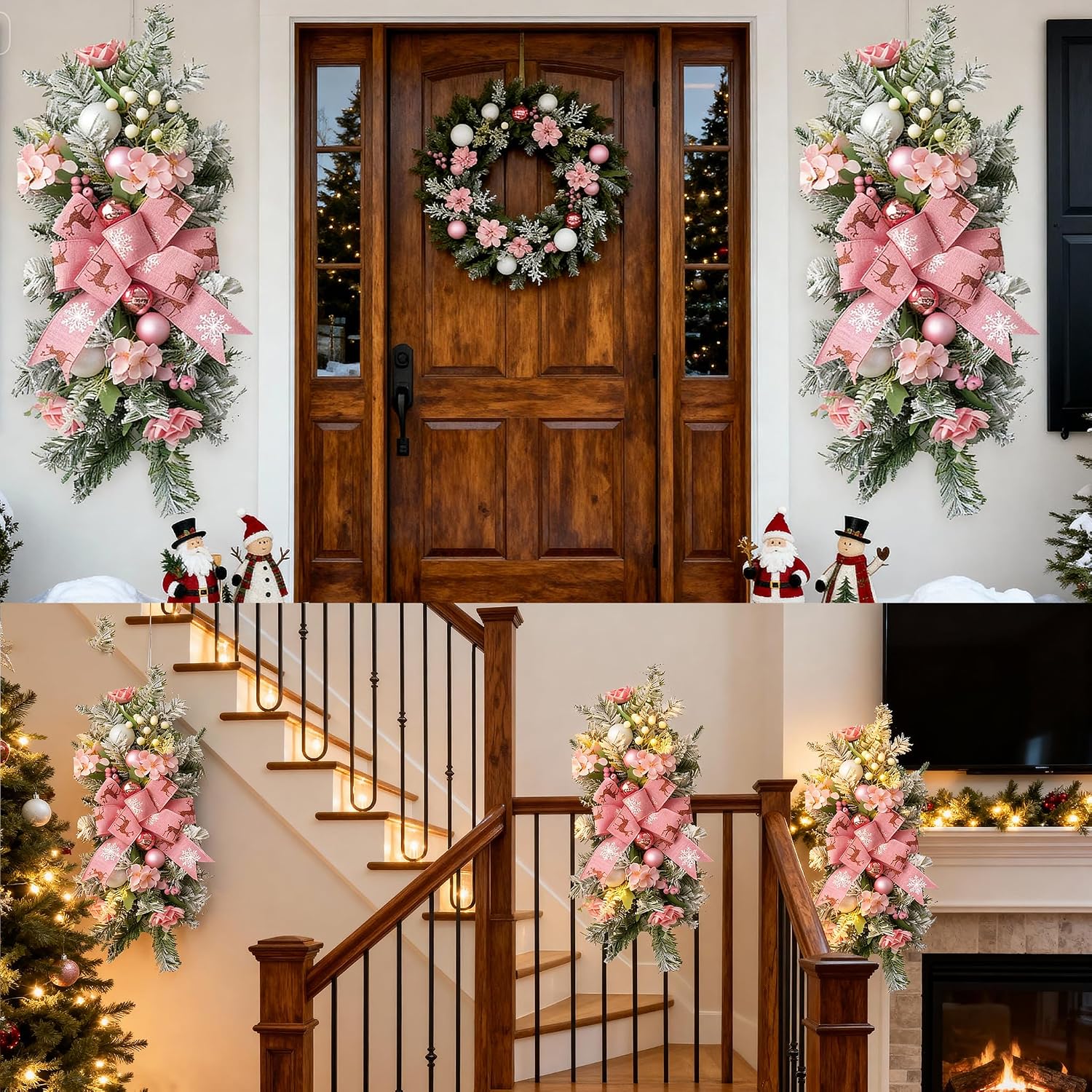 2 Pack Christmas Swags for Stairs 21.65" Xmas Cordless Stairway Swag Artificial Teardrop Trim Wreath Garland Christmas Decorations for Stair Window Wall Home Outdoor (Pink)