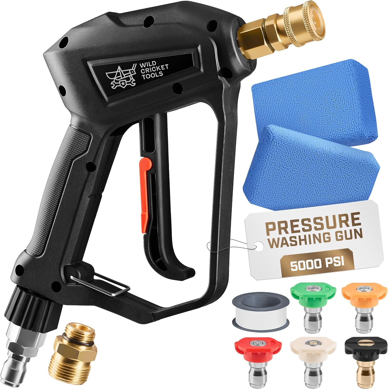 Water Pressure Gun | High-Performance, Up to 5,000 PSI Car Wash Gun w/ 5 Nozzles for Stone, Brick, Metal, Wood, Glass | Pressure Washer Handle w/ 2 Adapters, 2 Sponges, Teflon Tape