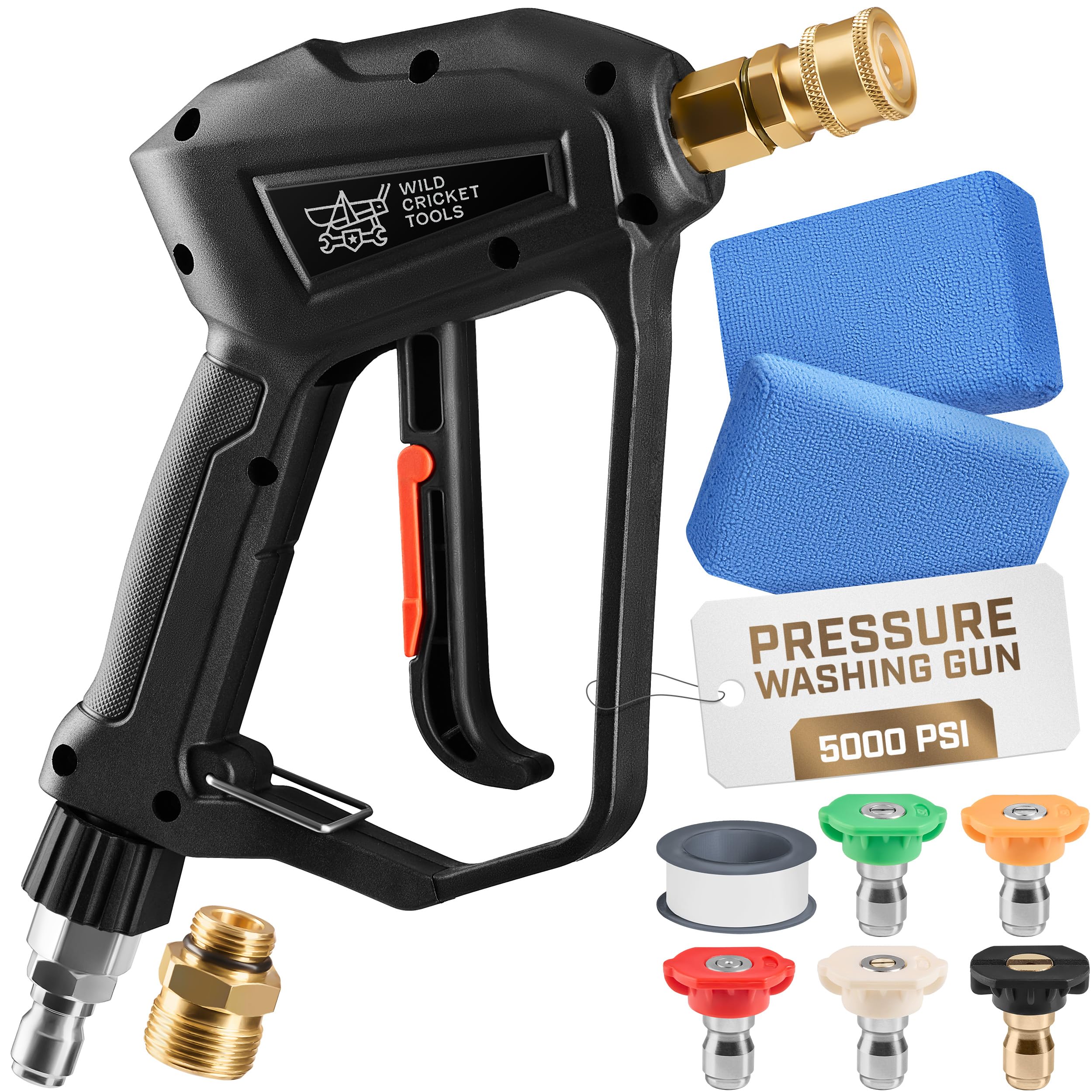 - Water Pressure Gun | High-Performance, Up to 5,000 PSI Car Wash Gun w/ 5 Nozzles for Stone, Brick, Metal, Wood, Glass | Pressure Washer Handle w/ 2 Adapters, 2 Sponges, Teflon Tape