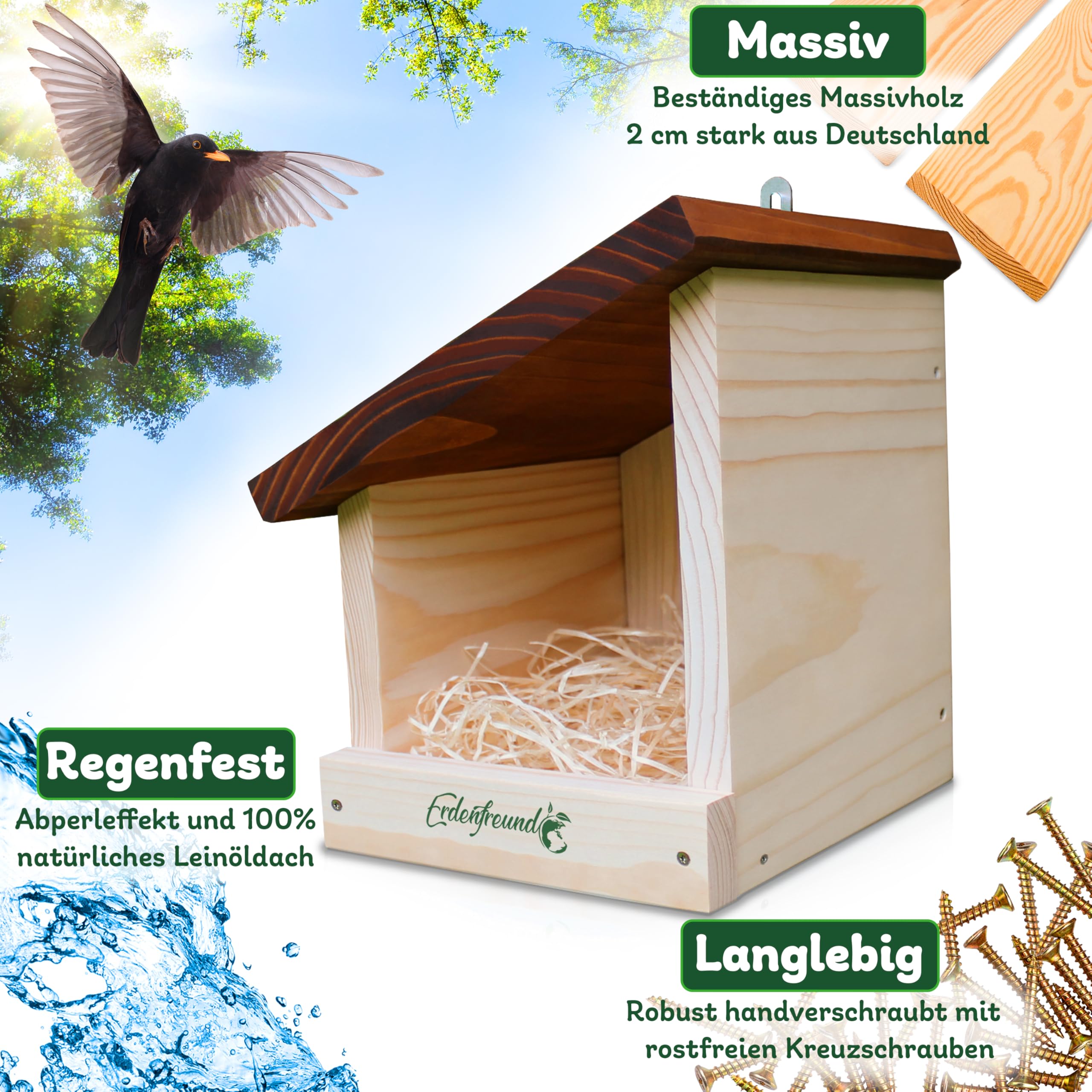 ERDENFREUND® Amsel Nistkasten halboffen extra für Freibrüter/Halbhöhlenbrüter Nistkasten Amsel artgerechte Halbhöhle langlebig aus 2 cm starkem Massivholz (Amselhaus modern artgerecht)