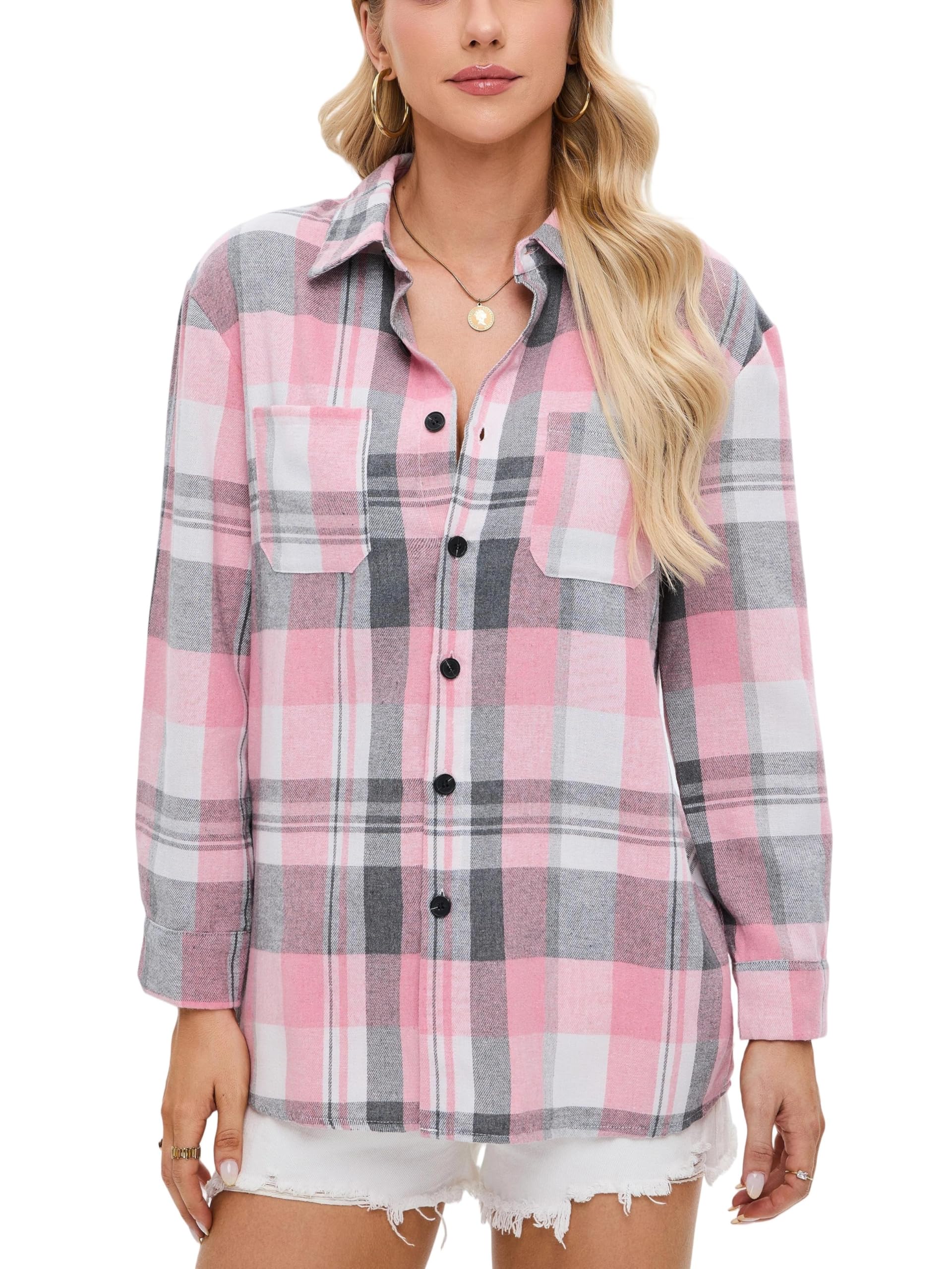 Womens Button Down Plaid Shirts Oversized Long Sleeve Collared Casual Blouse Top Pink Small