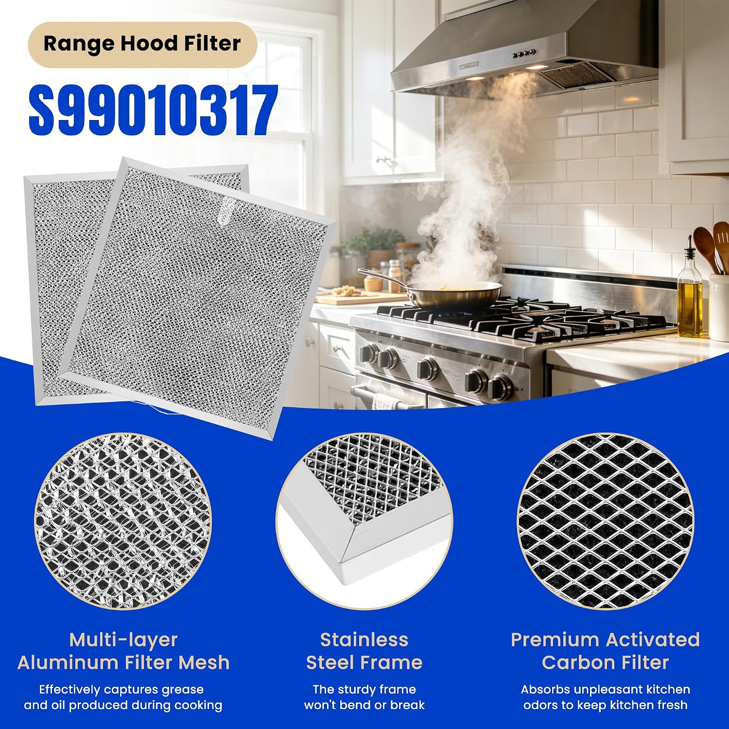 S99010317 Range Hood Filter 11.6” x 11.2” BPQTF Metal Mesh Charcoal Grease Filter Combo Compatible with Bro-an Range Hoods QL100 QT230BC QT242BC QT242BC QT230SS by Fetechmate