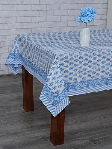 Miniatura 6 de Ridhi Mantel floral azul cerúleo de 48 x 102 pulgadas, mantel rectangular de algodón con estampado de bloques a mano, lavable, reutilizable,