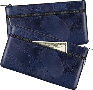 HAUTOCO 2 Pcs Money Bag with Zipper 11 x 6.1 inch Embossed Deposit Money Pouch with Lined PU Leather Bank Bag Two Pockets Utility Wallet for Cash Check Receipt Coins Cosmetics, Royal Blue