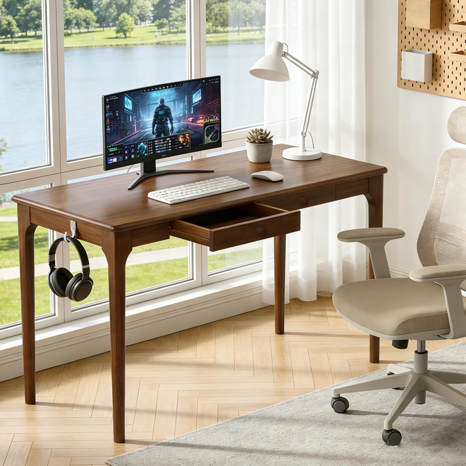 Natural Solid Wood Desk with Drawers, Mid Century Modern Real Wood Writing Desk, Home Computer Office Desks for Work, Standing Desk for Bedroom, Small Spaces (Walnut Color, 40"×22"(100×56cm))