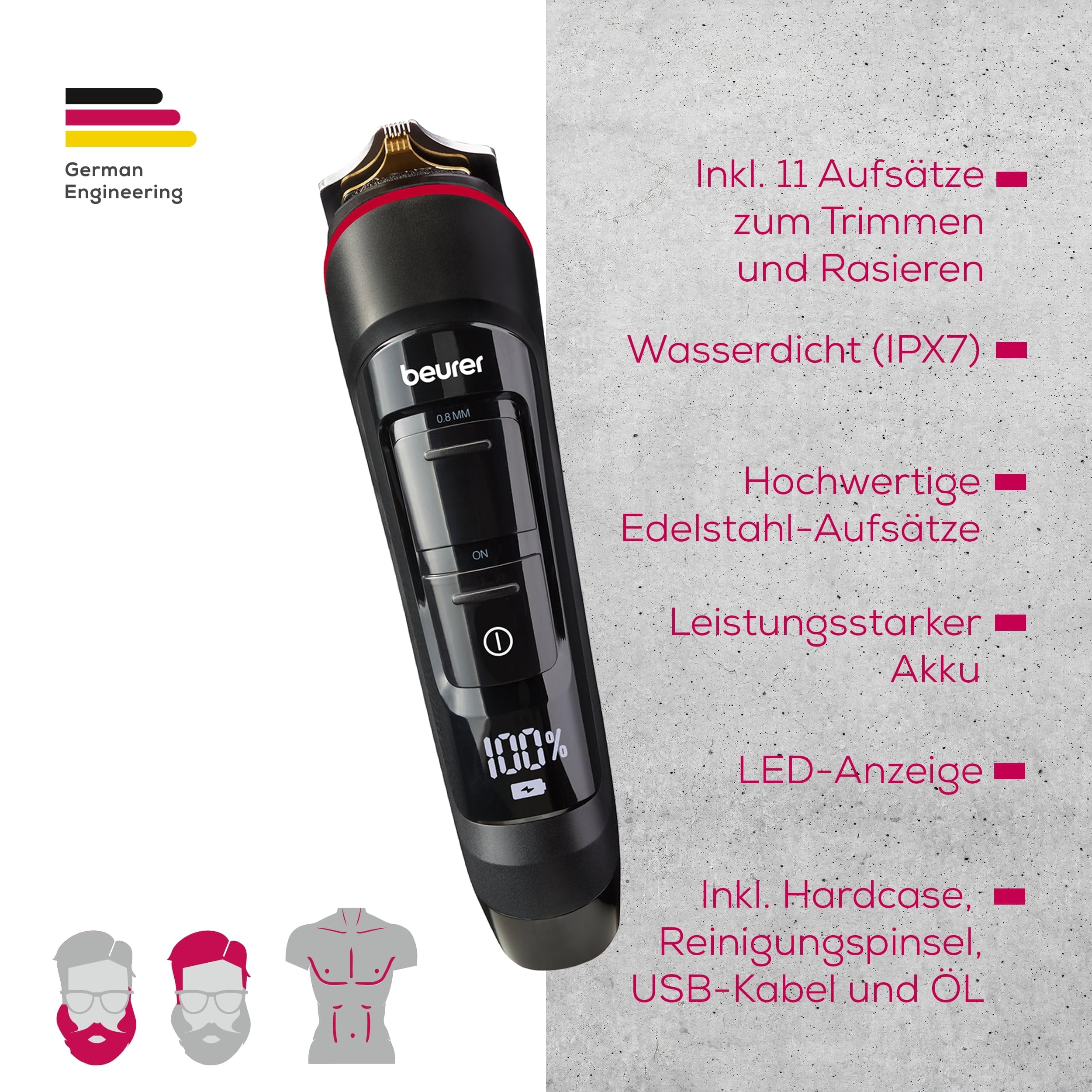 Beurer MN9X Multigroomer, 11 Edelstahl-Aufsätze, wasserdicht, Akku
