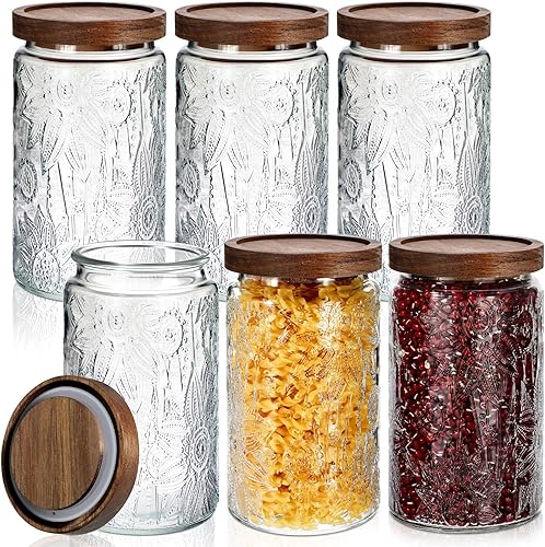 Miniatura 7 de Domensi 6 piezas de tarros de vidrio vintage de 34 oz, tarros de almacenamiento de vidrio con tapas, patrón de begonia, tarros herméticos de