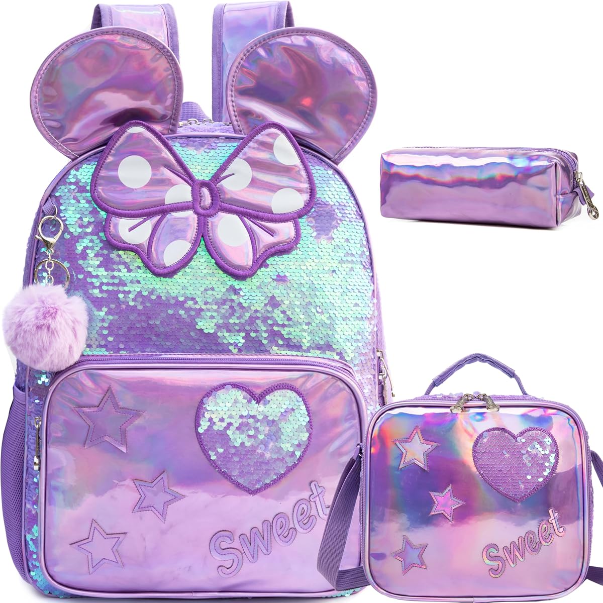 Mochila para niñas Mochilas de 16" para niñas para la escuela Mochila de lentejuelas con lonchera para estudiantes de primaria