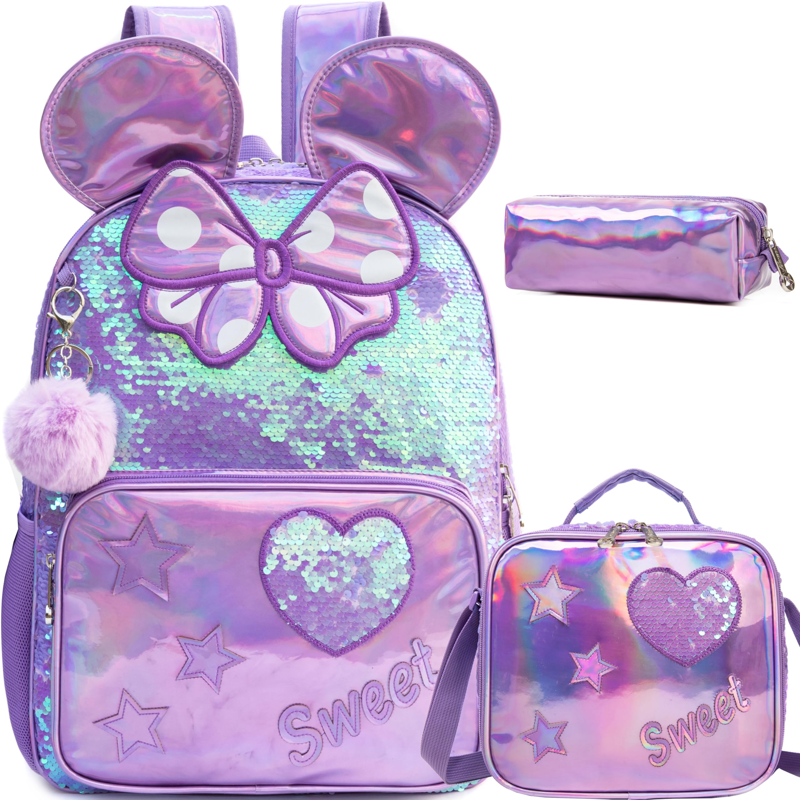 Backpack for Girls 16" Backpacks for Girls for School Sequin Backpack with Lunch Box for Elementary Students