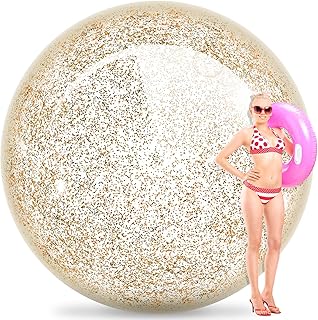 Honoson 6.5 ft Giant Sequins Beach Ball Huge Confetti Beach Balls Inflatable Glitter Clear Beach Ball Huge Water Balls Jumbo Inflatable Balls for Summer Swimming Pool Water Games Party Favors (Gold)
