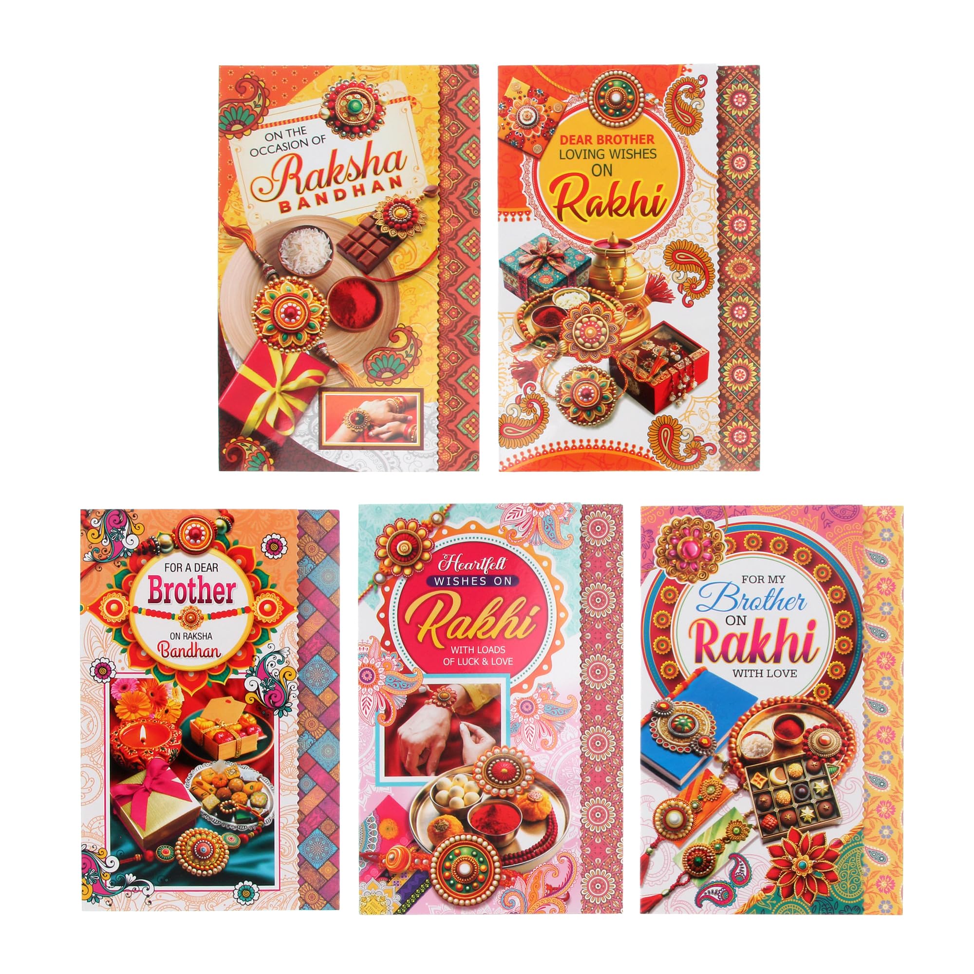 Rakhi Cards Pack of 5 Raksha Bandhan Greeting Cards Set Multipack Assorted Rakhi Greetings Card with Envelopes for Brothers Sisters Hindu Indian Festival