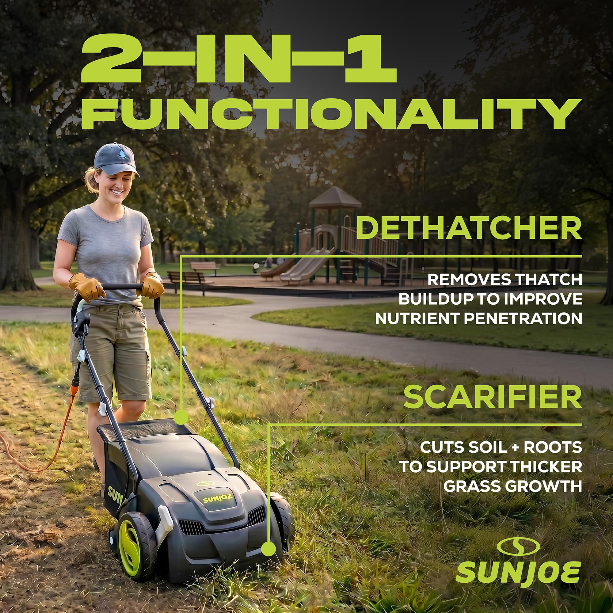 Sun Joe AJ801E 12 amperios, destilador eléctrico y escarificador con bolsa extraíble de 8 galones, ajuste de altura de 5 posiciones, tecnología Airboost aumenta la salud del césped, 13 pulgadas, verde