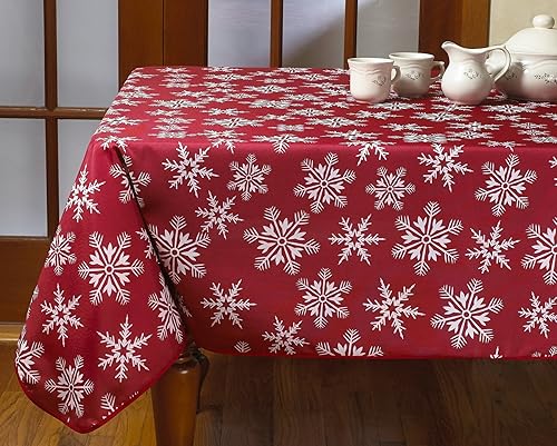 Miniatura 6 de Violet Linen Manteles rojos decorativos con diseño de copos de nieve navideños - 60" redondos