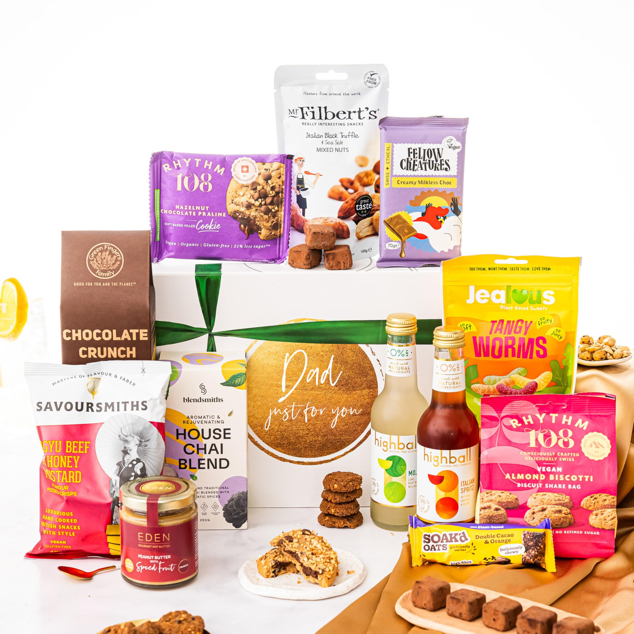 Dad Gift Hamper Basket, Luxury Gourmet Gifts for Men, Him, Fathers Day, Dairy Free, Gluten Free and Vegan Chocolate by EDEN Treats - Includes 2 Mocktails