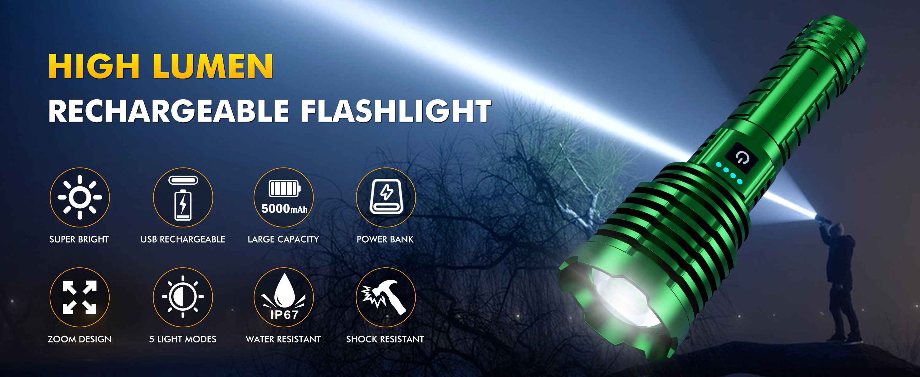 Lampe de poche LED haute puissance 100 0000 lumens, lampe torche rechargeable XHP360 super lumineuse, lampe torche tactique zoomable avec affichage de la quantité électrique, 5 modes, projecteur