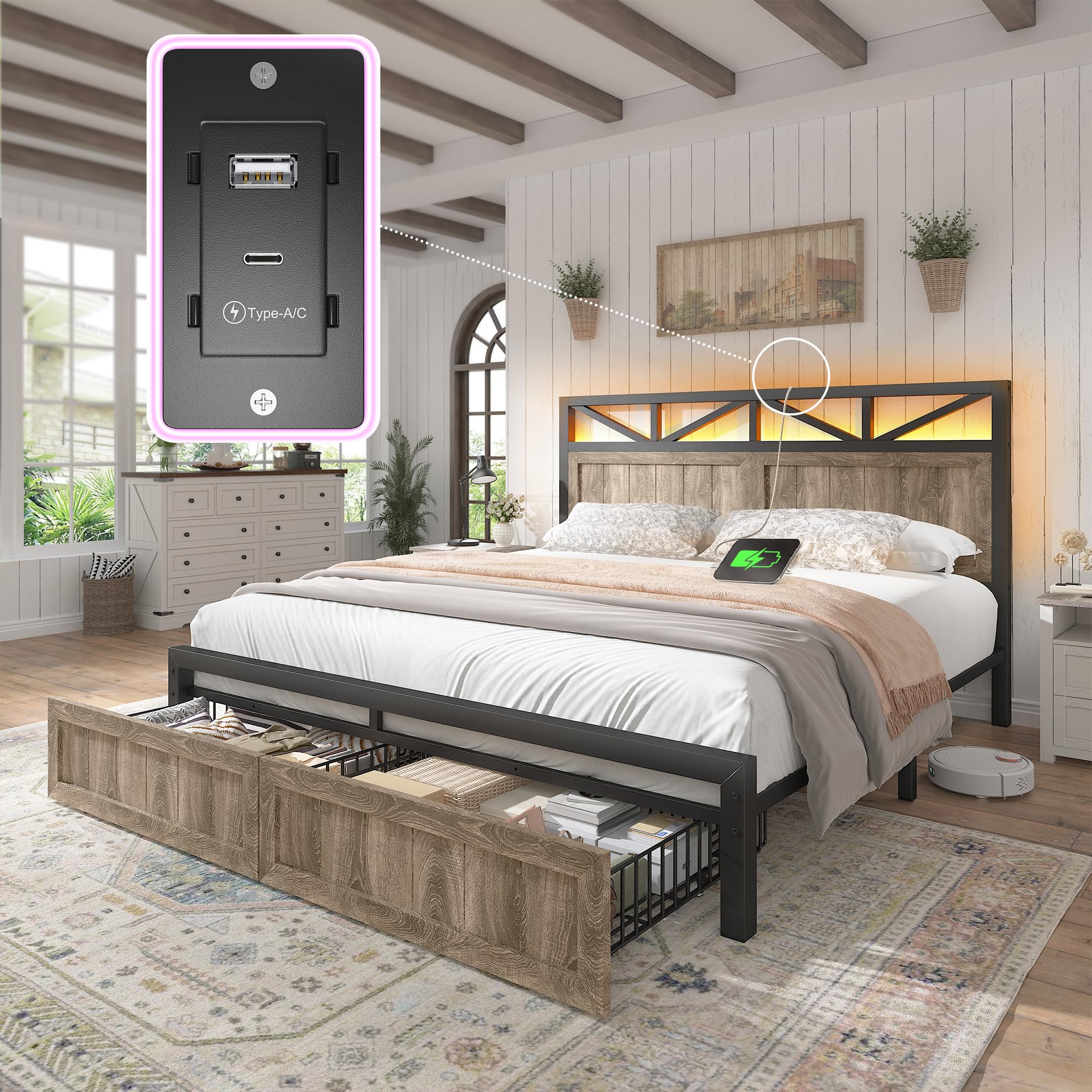 EnHomee Full Size Bed Frame with 2 Storage Drawers and Headboard Full Bed Frame with Built in Charging Station & LED Light,NO Noise,No Box Spring