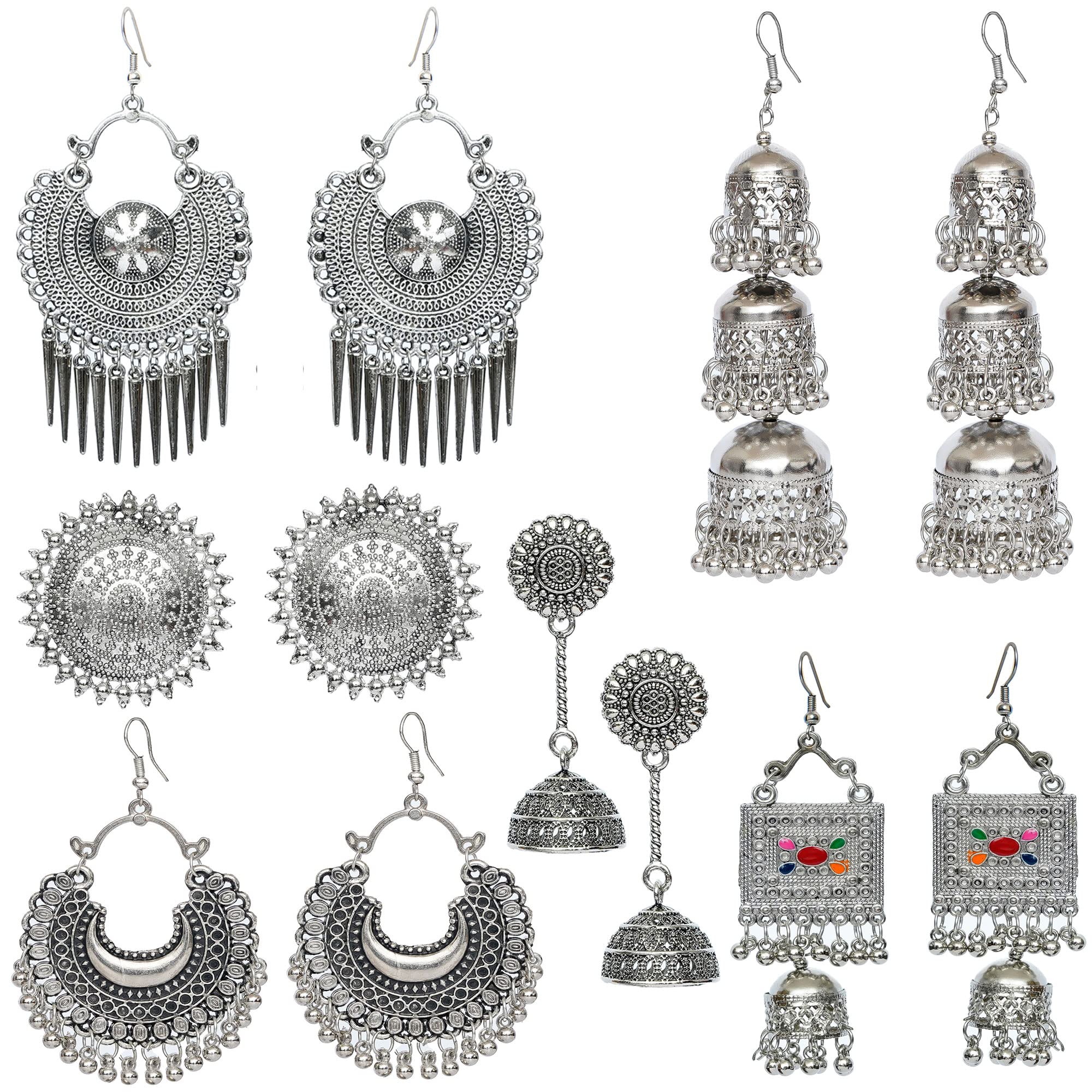 Yotog Combo Of 6 Pair Designer Oxidised Silver Afghani Chandbali Jhumka Earrings, Silver 3 Layer Jhumka Earrings, Drop & Dangler for Girl And Women. (B09KH6XNK9) Amazon Price History, Amazon Price Tracker