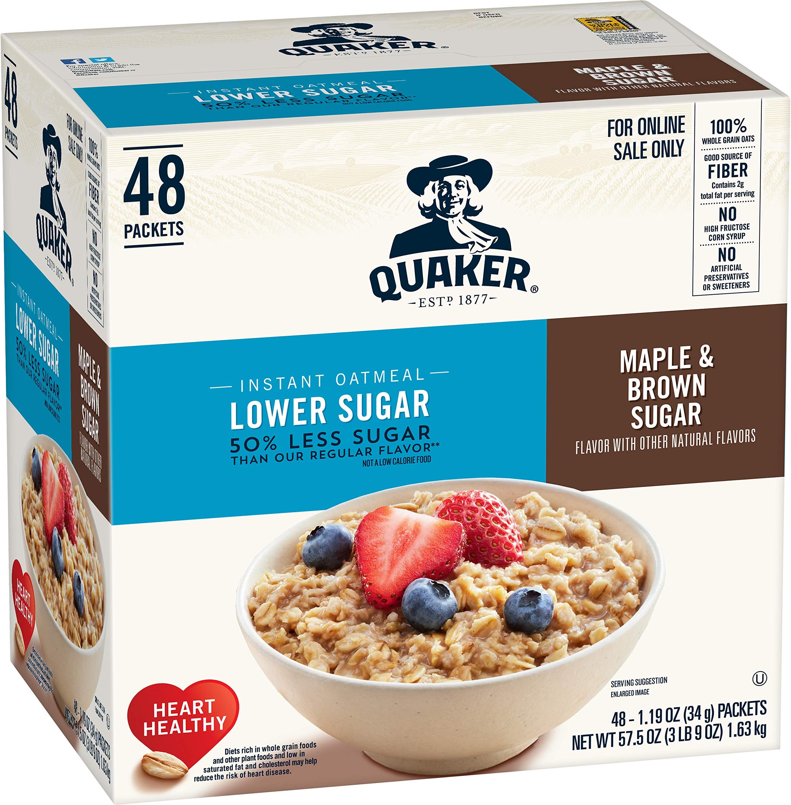 Instant Oatmeal, Lower Sugar Maple and Brown Sugar, Individual Packets, 1.19 Ounce (Pack of 48)