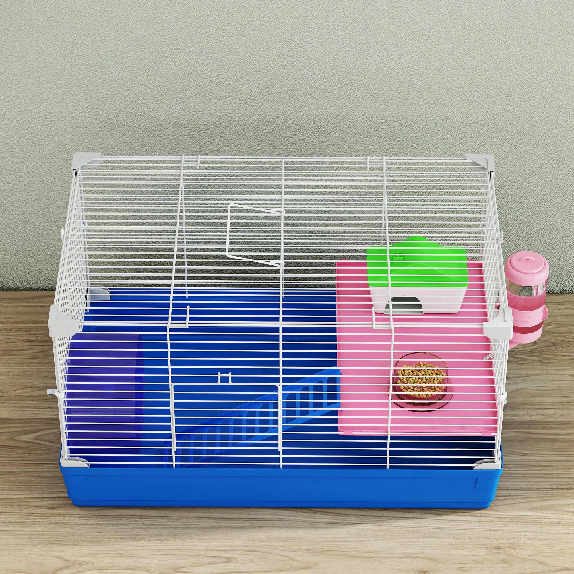 PawHut Jaula para Hámster, Casa para Roedores Pequeños con Rueda de Ejercicio, Cuenco, Bebedero, Casita, Rampas, Plataforma, Bandeja Extraíble, para Jerbos, 47x30x27 cm, Azul