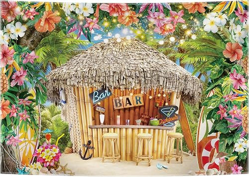 7x5ft Summer Hawaiian Beach Photography Backdrop Tropical Flower Palm Leaves Surfboard Background for Luau Aloha Party Decoration Banner Photo Booth