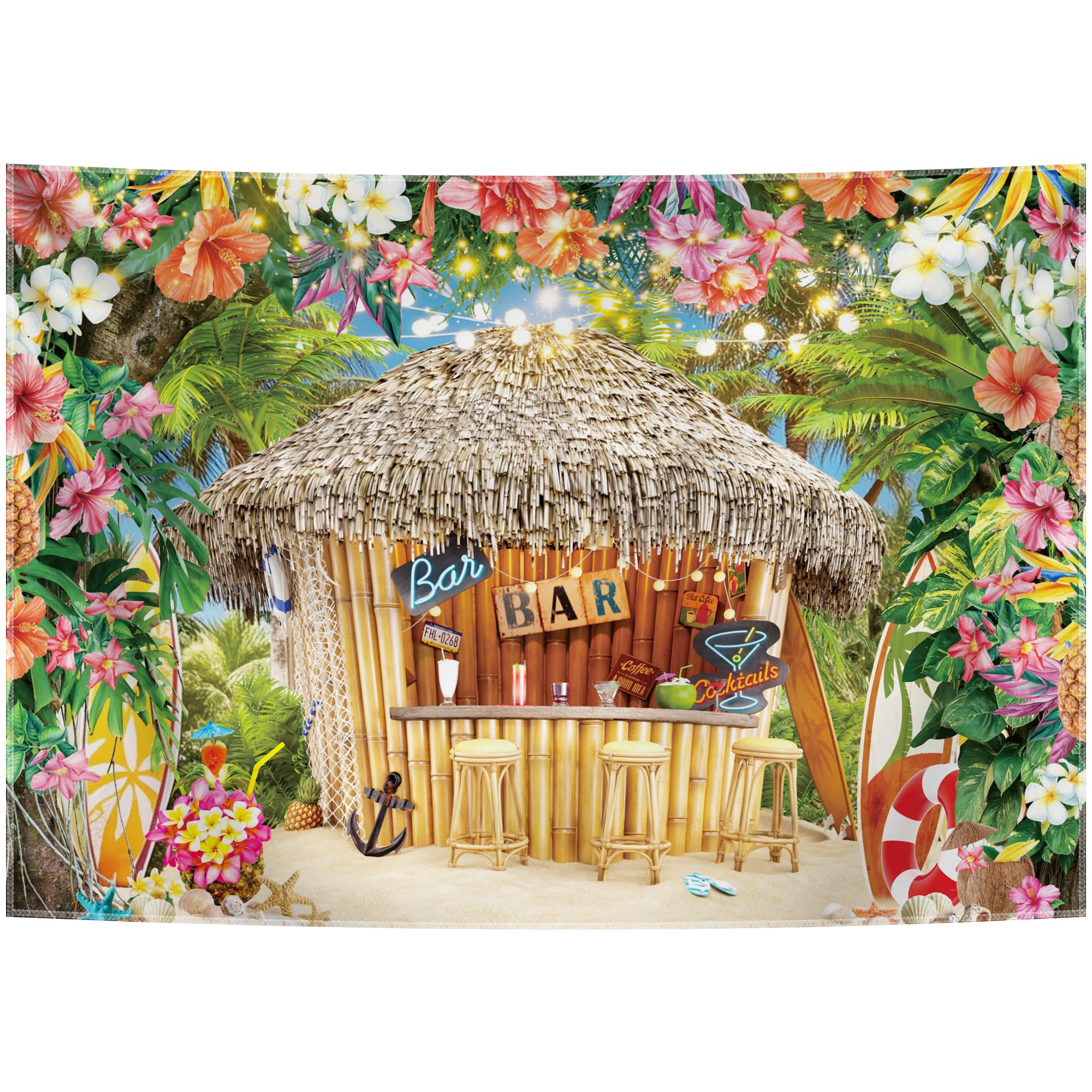 7x5ft Summer Hawaiian Beach Photography Backdrop Tropical Flower Palm Leaves Surfboard Background for Luau Aloha Party Decoration Banner Photo Booth