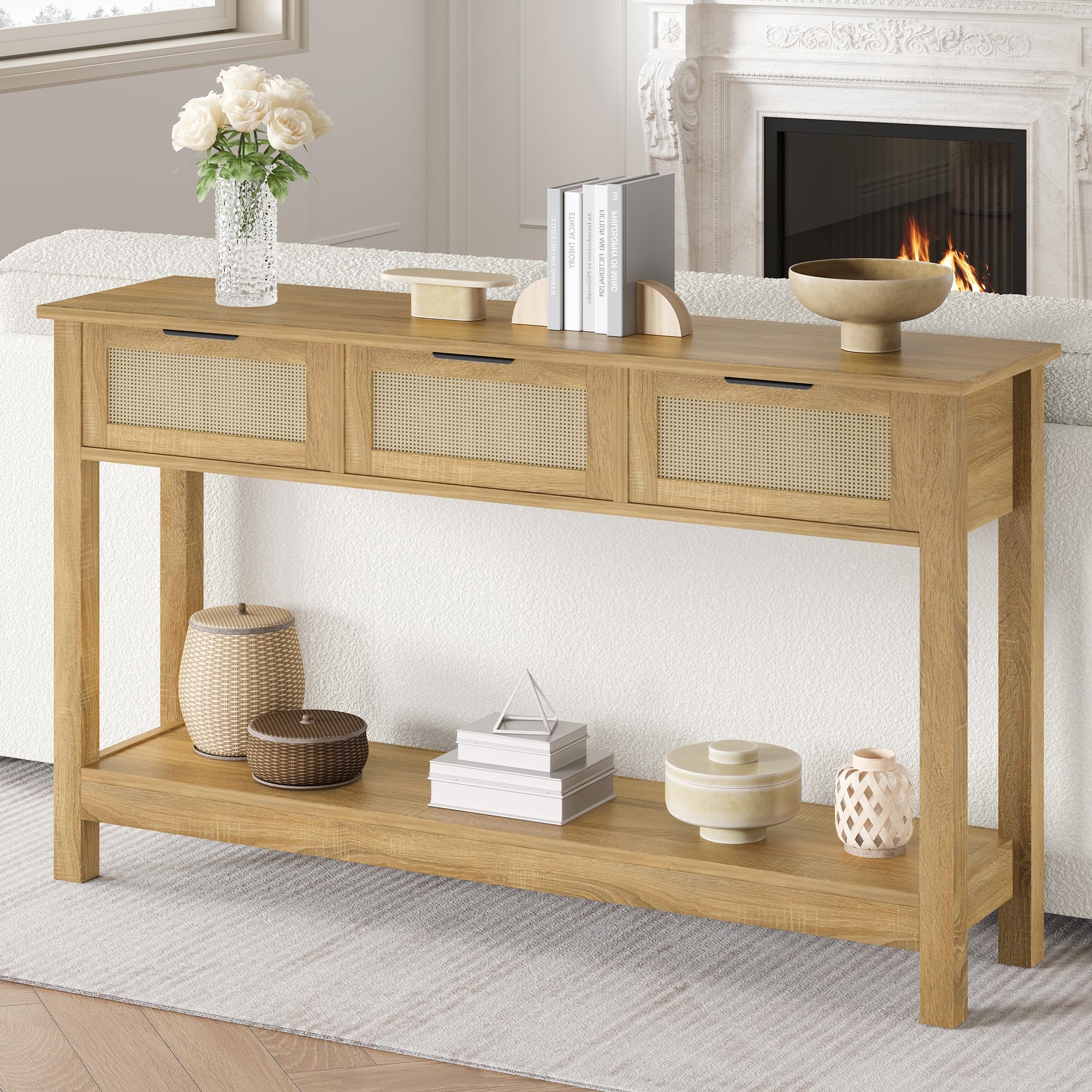 Mesa consola de ratán bohemio con 3 cajones de almacenamiento, estrecha y larga detrás del sofá, mesa para sala de estar, mesa auxiliar de entrada, pasillo, vestíbulo, natural, 47 pulgadas 8
