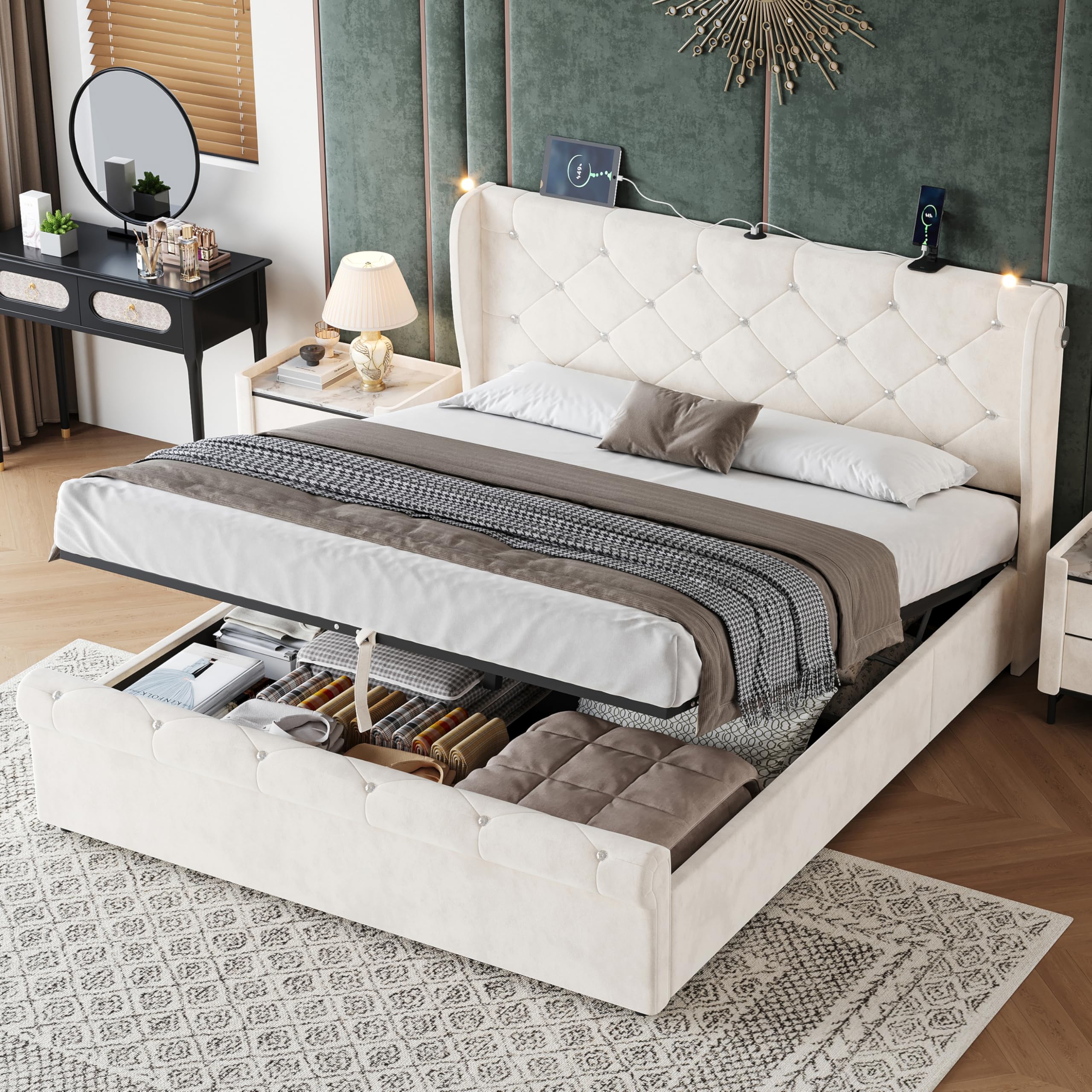 Miyemo Double Bed Frame with Storage, 4ft6 Upholstered Ottoman Bed with Headboard & Hydraulic, Velvet Bed Frame with Charging-Station & Reading-Light, 135x190cm, Beige, (No Mattress)