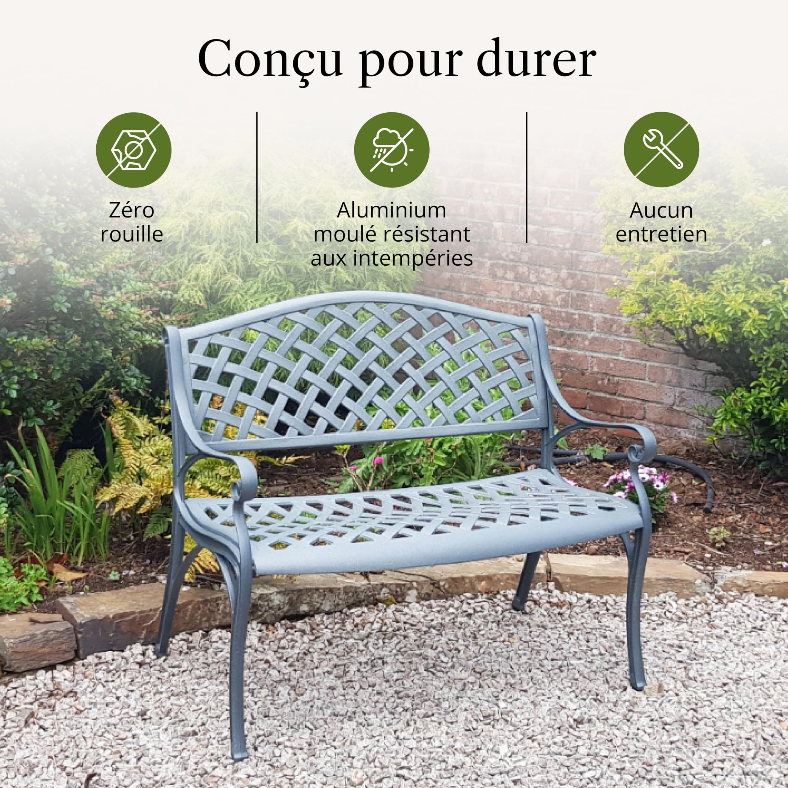 Lazy Susan Banc de Jardin en métal Jasmine | 2 Places | Banc de Jardin résistant aux intempéries | Aluminium moulé | Antirouille | Garantie 3 Ans | Finition Gris Ardoise