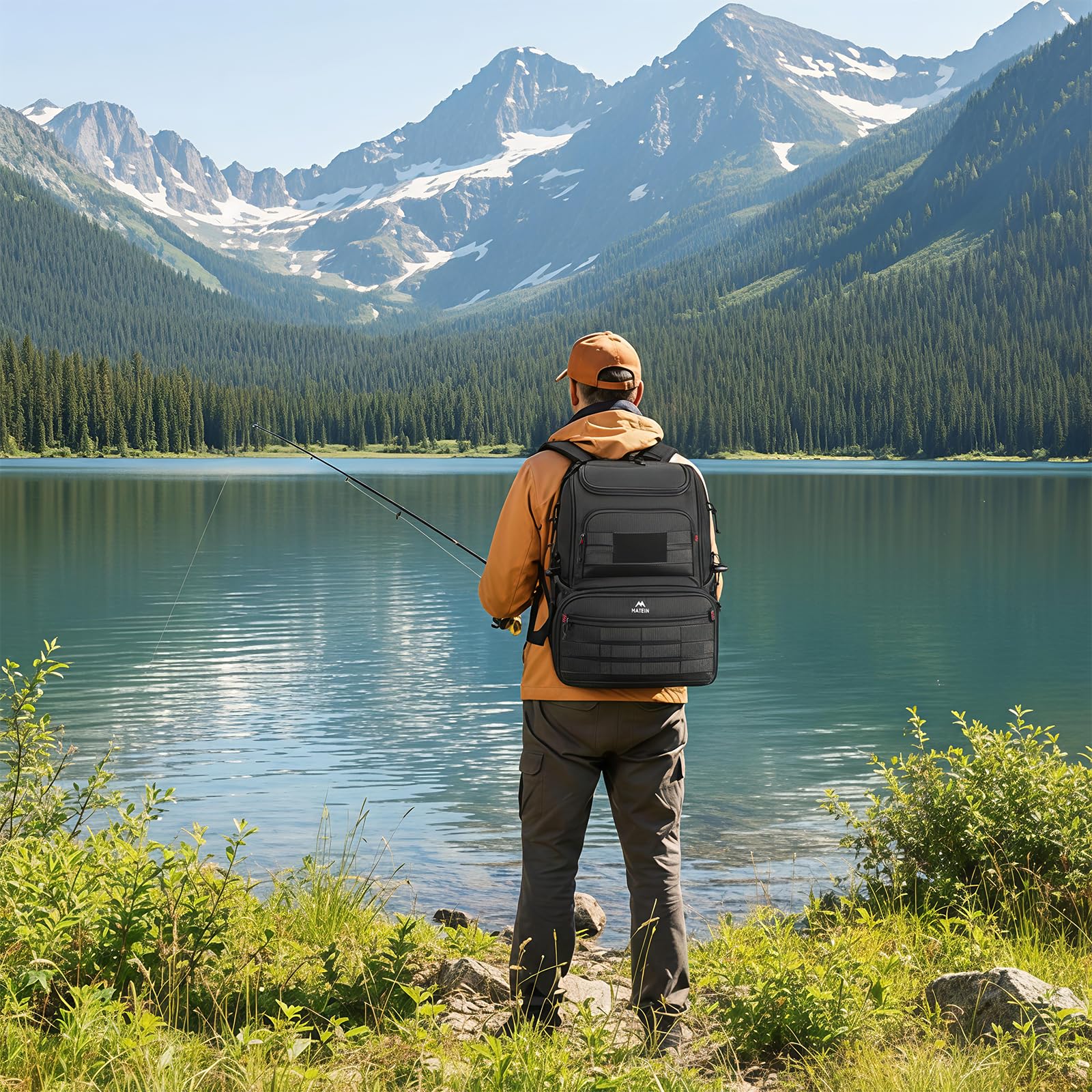 MATEIN Angelrucksack mit Kühler – wasserdichte Angeltasche mit Molle-Gurte, Große militär Rucksack für Angeln, Wandern & Camping, Rutenhalter, Anti-Diebstahl-Tasche & Rostfreiem Reißverschluss