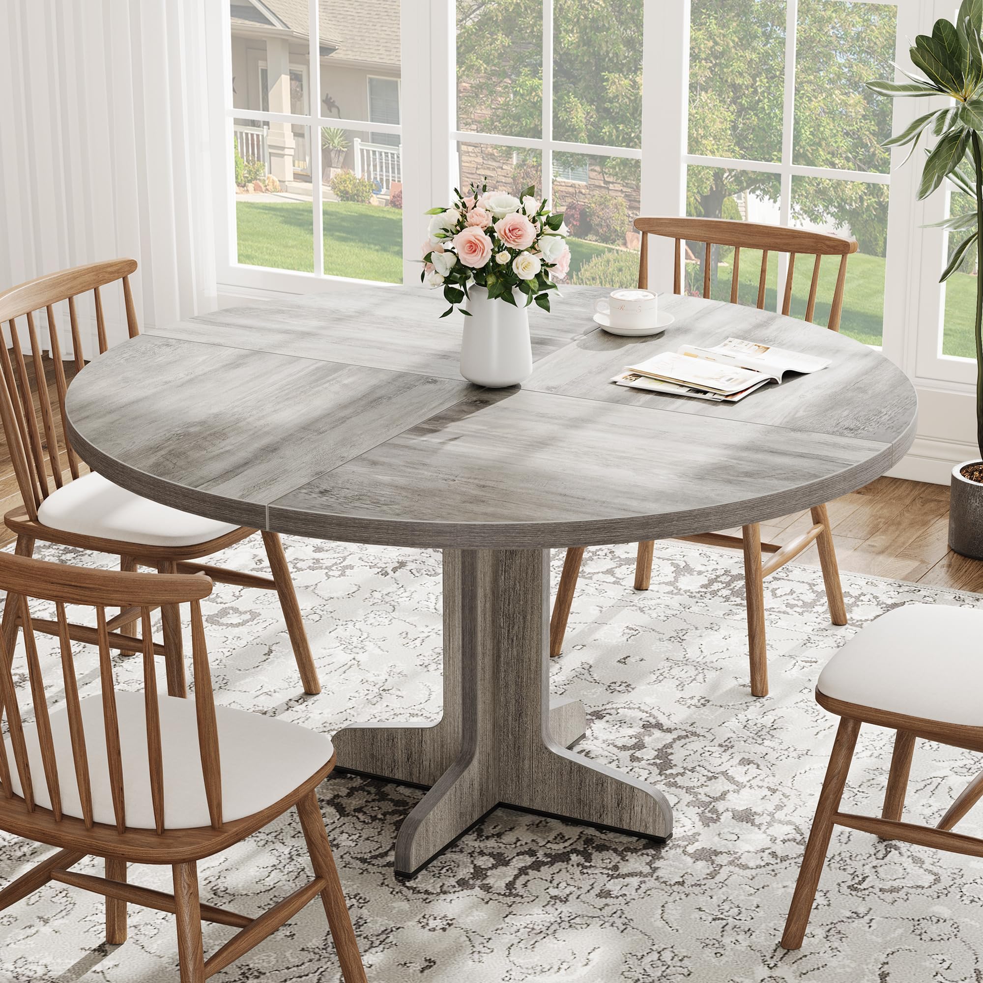 GarveeLife Table Ronde 120cm, Table à Manger Bois 4-6 Personnes, Gris