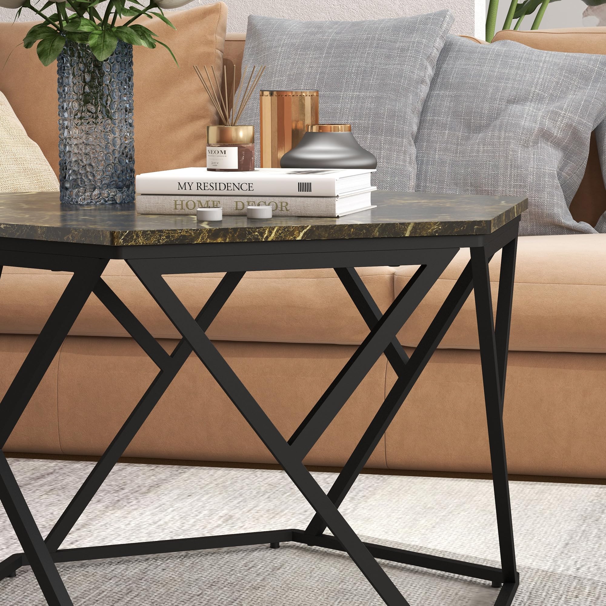 HOMCOM Tavolino da Salotto Moderno con Piano in Finto Marmo e Struttura in MDF e Acciaio, 81x70x51.2cm, Nero