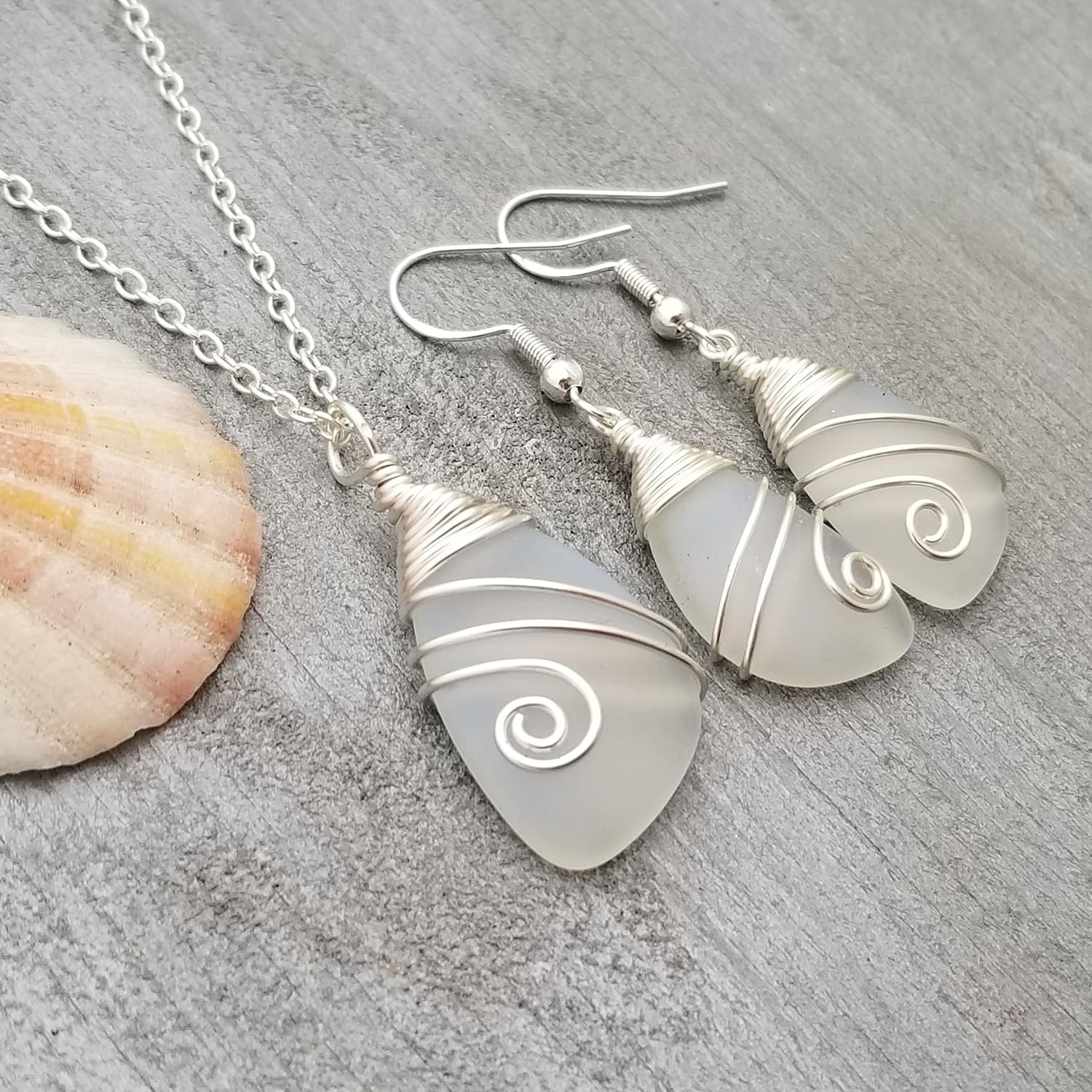Handmade In Hawaii, Wire Wrapped Sea Glass Necklace and Earrings Set, Birthday Gifts For Women