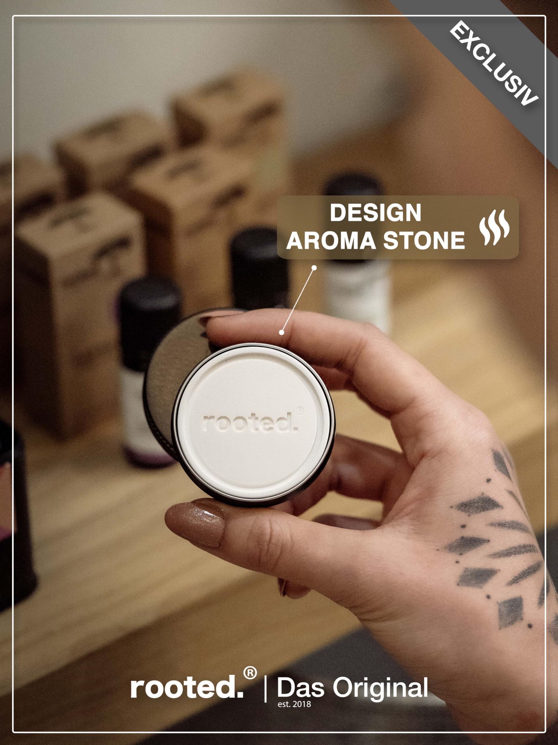 Rooted.® Kamień zapachowy do olejków eterycznych | Ekskluzywny dyfuzor olejków zapachowych z ceramiki | Aroma Stone w czarnej puszce | aromaterapia