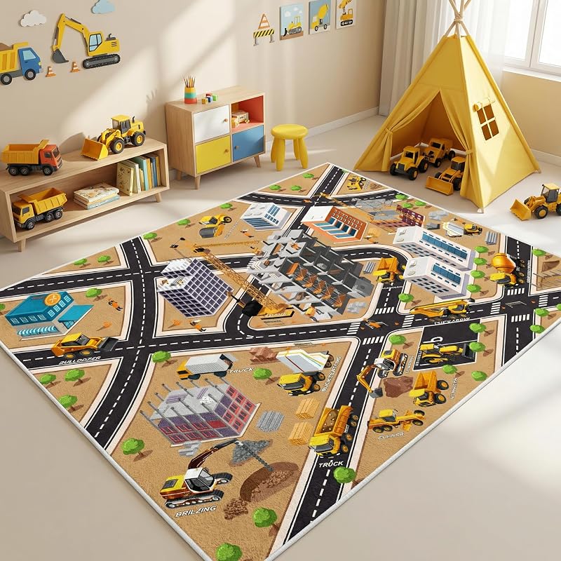 Alfombra de auto para niños de 5 x 7 pies, alfombra de lana sintética para niños, alfombra de área de auto de ingeniería, alfombra antideslizante para camiones de carretera urbana, alfombra lavable para dormitorio de sala de juegos de niño