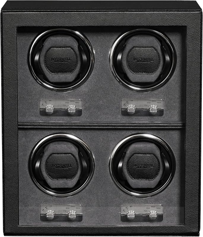ROTHWELL 4 Watch Winder for Automatic Watches with Quiet Motor with Multiple Speeds and Rotation Settings (Black/Grey)