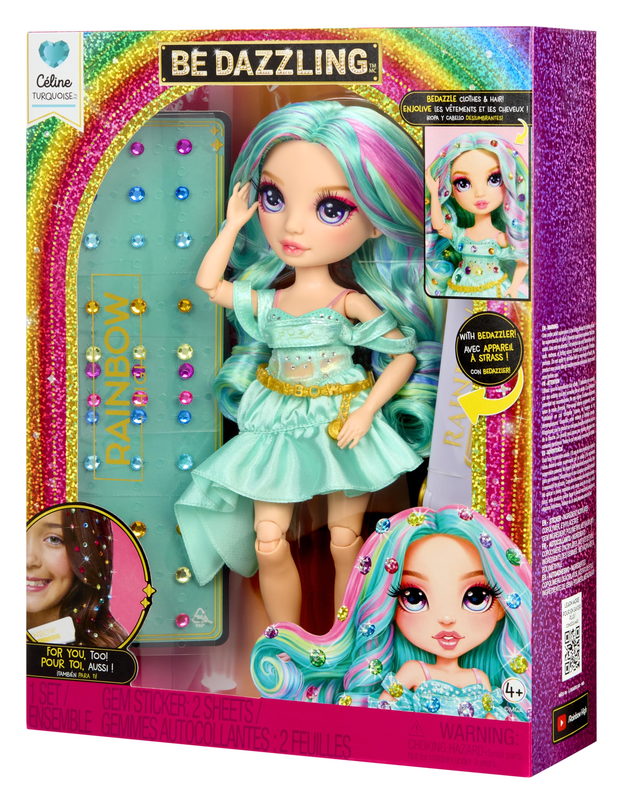 RAINBOW HIGH Be Dazzling - Celine Turquoise - Muñeca de Moda Turquesa de 28 cm con Herramienta para Deslumbrar, Gemas Brillantes y Accesorios de Estilismo