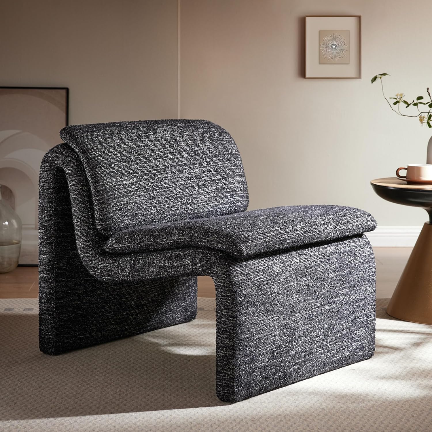 Modway Lume Curved Lounge Chair in Charcoal Boucle Fabric – Modern Upholstered Armless Accent Chair with Padded Cushion - Unique Slipper Chair for Bedroom or Living Room