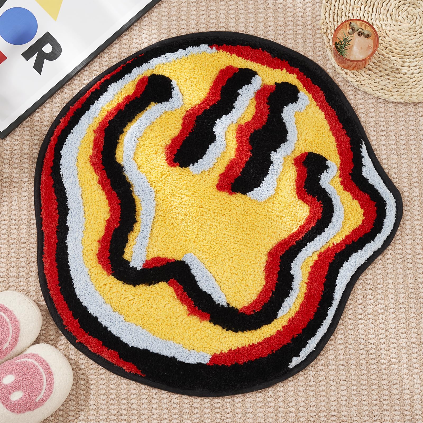 ELDONE Trippy Happy Face Bath Mat - Cool Rugs for Bedroom, Hypebeast Rug, Hippie Rug Non-Slip, Cute Fun Funky Trendy Rug, Cool Decor for Bedroom
