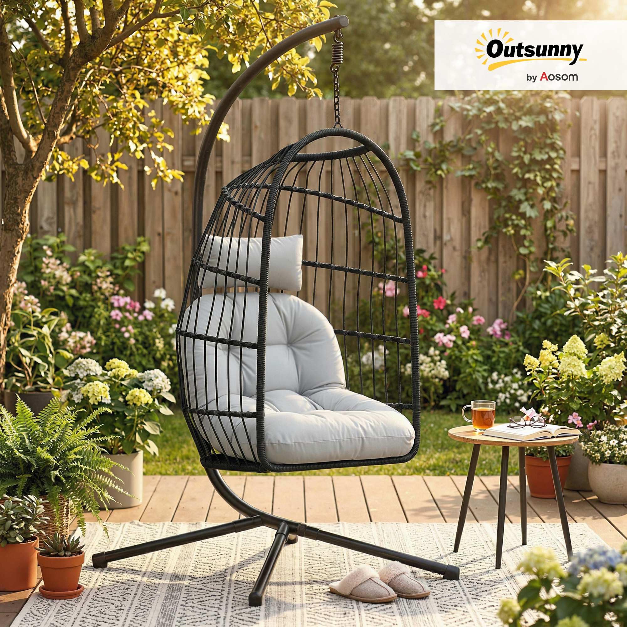 Outsunny Fauteuil Œuf Suspendu Pliable avec Support - Balançoire de Jardin avec Coussin 15cm et Appui-tête - Chaise Suspendue Intérieure et Extérieure, Nacelle Pliable Gain de Place, Noir et Gris